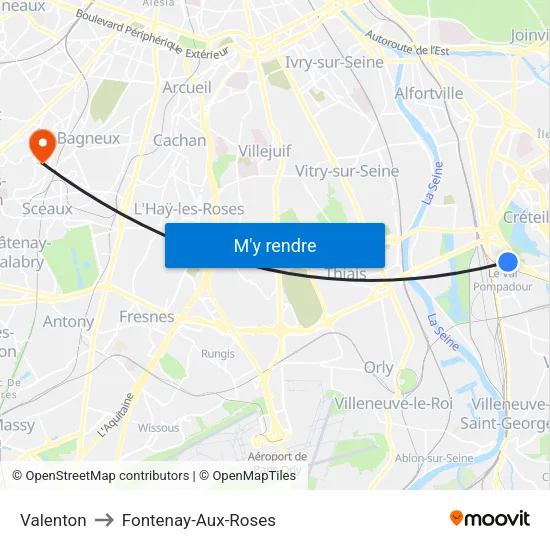 Valenton to Fontenay-Aux-Roses map