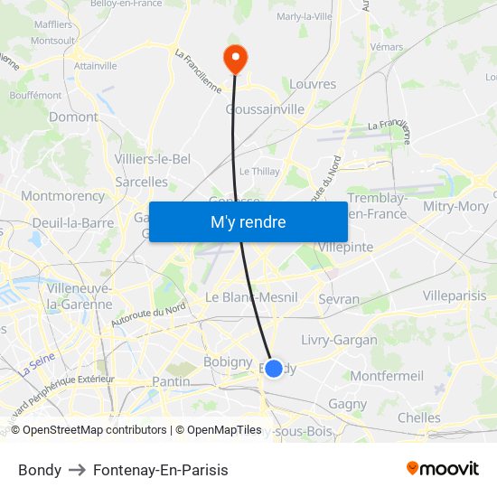 Bondy to Fontenay-En-Parisis map
