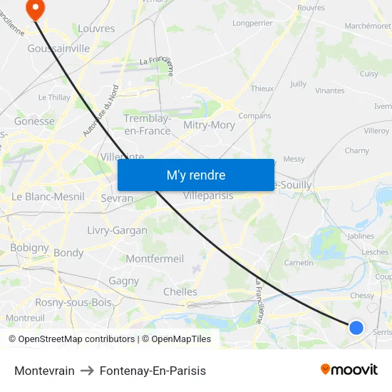 Montevrain to Fontenay-En-Parisis map