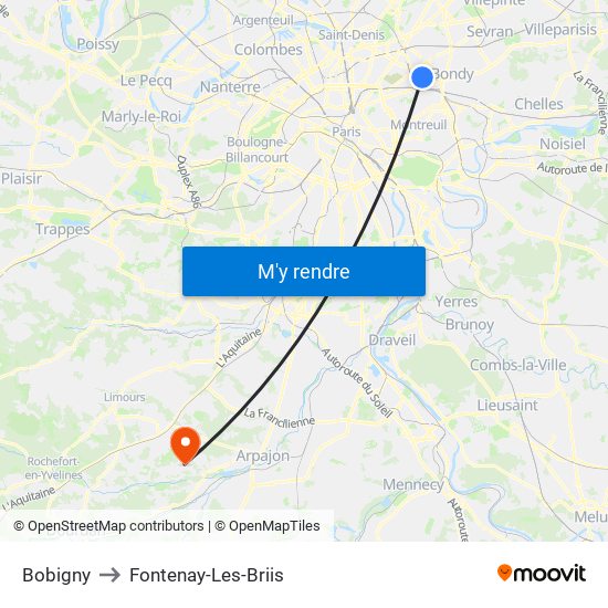 Bobigny to Fontenay-Les-Briis map