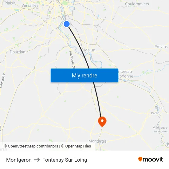 Montgeron to Fontenay-Sur-Loing map
