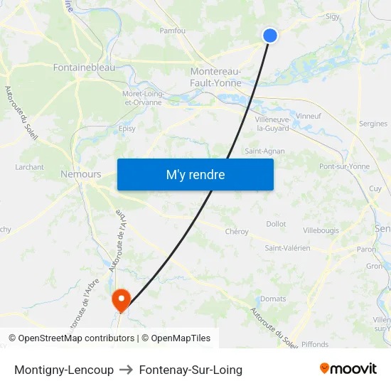 Montigny-Lencoup to Fontenay-Sur-Loing map
