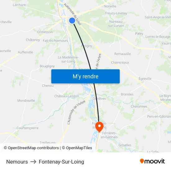 Nemours to Fontenay-Sur-Loing map