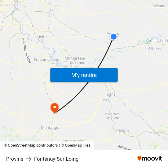 Provins to Fontenay-Sur-Loing map