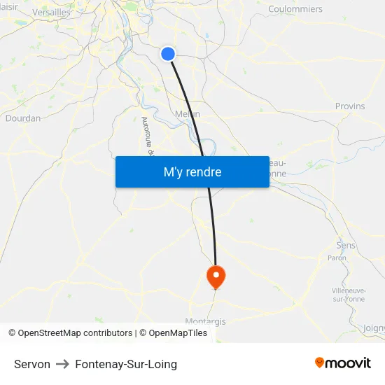 Servon to Fontenay-Sur-Loing map