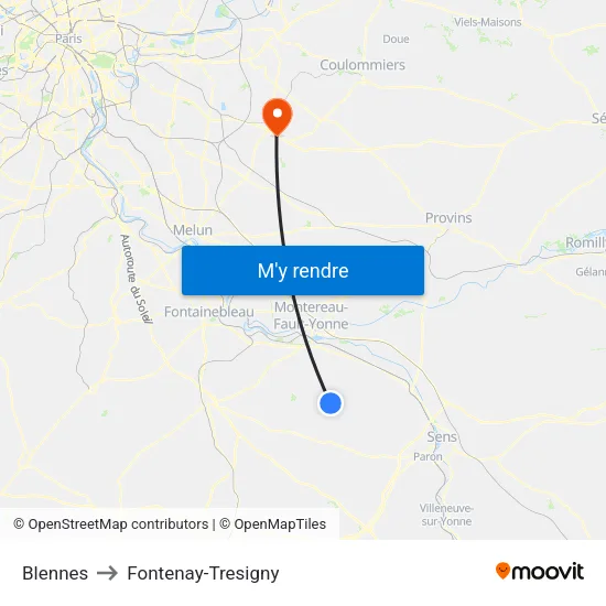 Blennes to Fontenay-Tresigny map