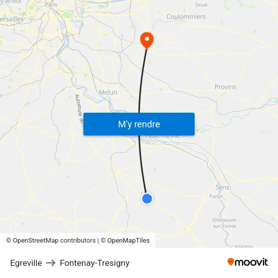 Egreville to Fontenay-Tresigny map