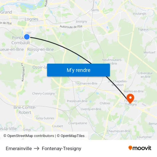 Emerainville to Fontenay-Tresigny map