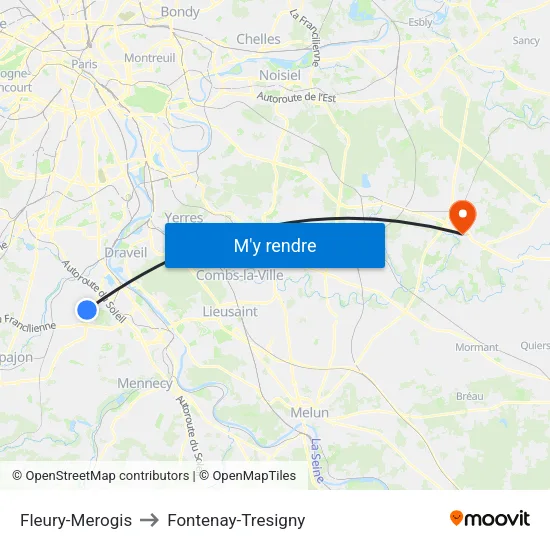 Fleury-Merogis to Fontenay-Tresigny map