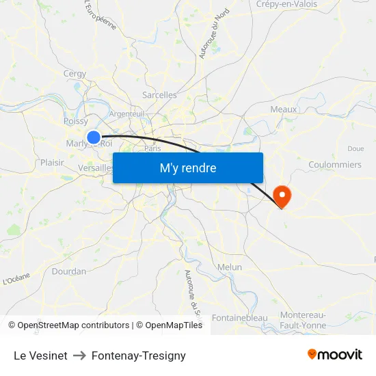 Le Vesinet to Fontenay-Tresigny map