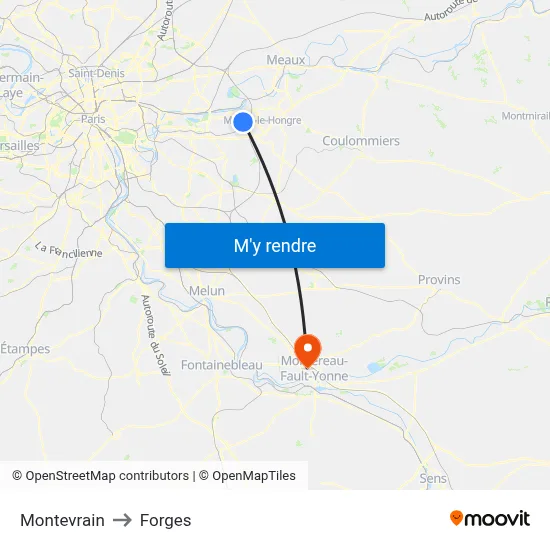 Montevrain to Forges map