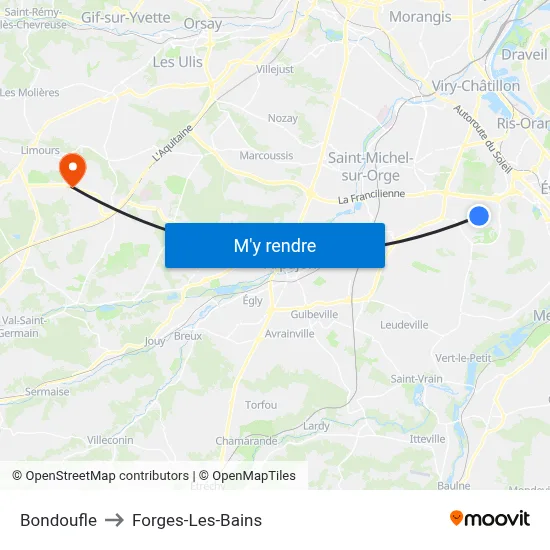 Bondoufle to Forges-Les-Bains map