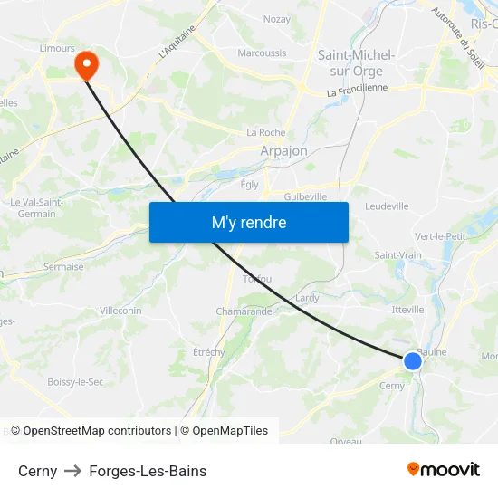 Cerny to Forges-Les-Bains map