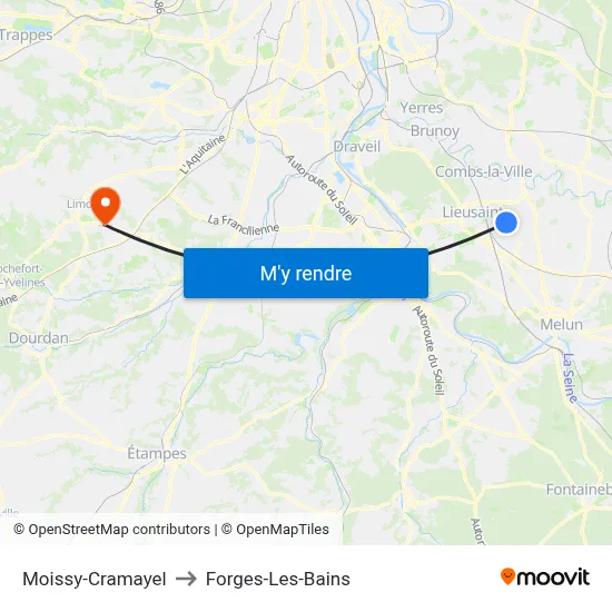 Moissy-Cramayel to Forges-Les-Bains map
