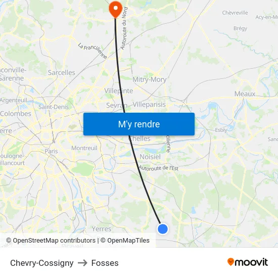 Chevry-Cossigny to Fosses map