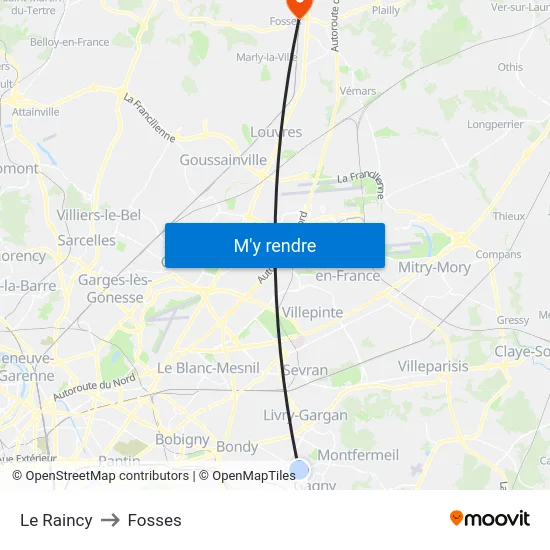 Le Raincy to Fosses map