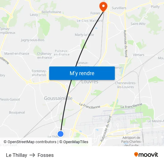 Le Thillay to Fosses map