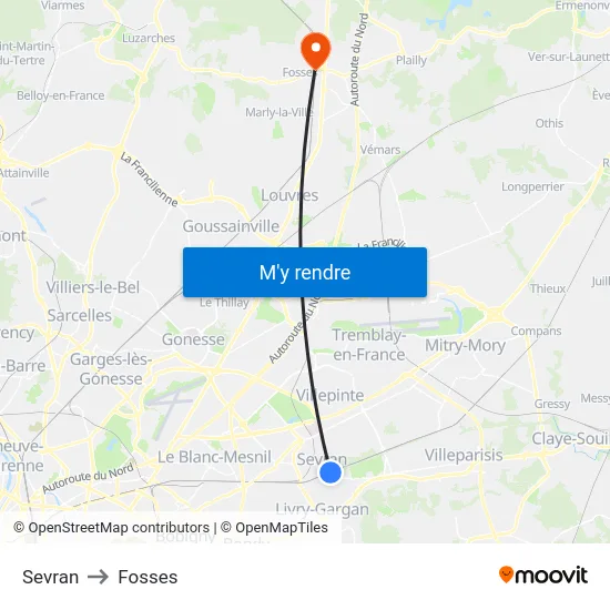 Sevran to Fosses map