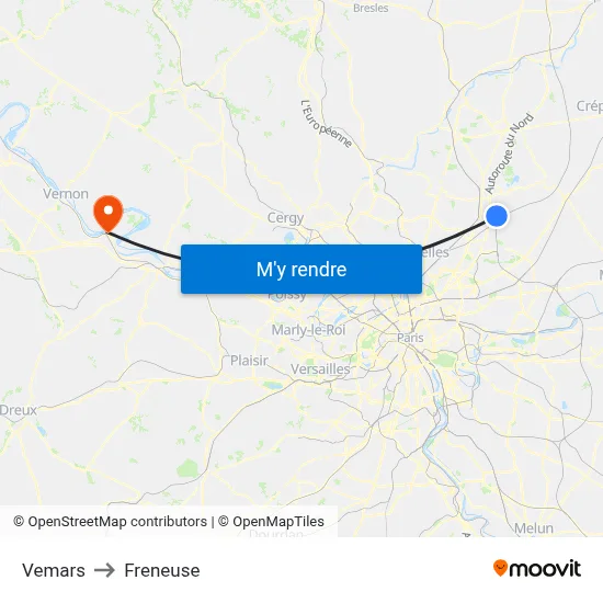 Vemars to Freneuse map