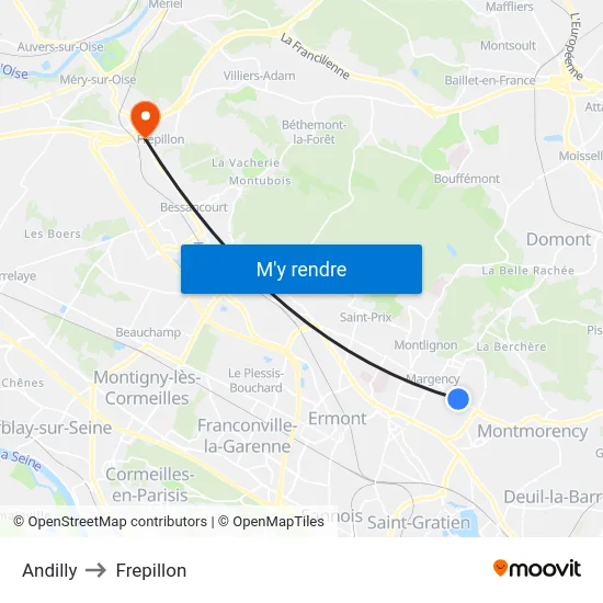 Andilly to Frepillon map