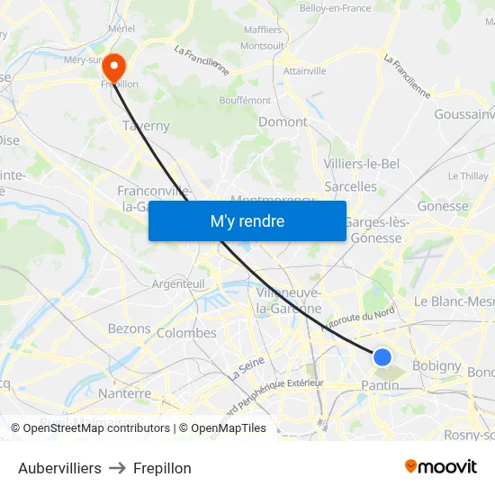Aubervilliers to Frepillon map