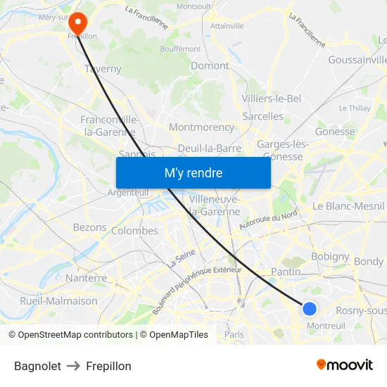 Bagnolet to Frepillon map
