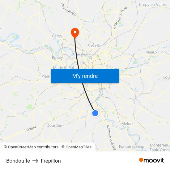 Bondoufle to Frepillon map