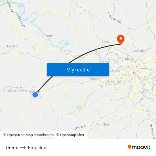 Dreux to Frepillon map