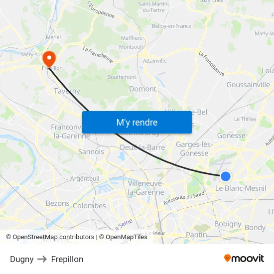 Dugny to Frepillon map