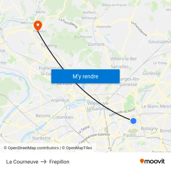 La Courneuve to Frepillon map