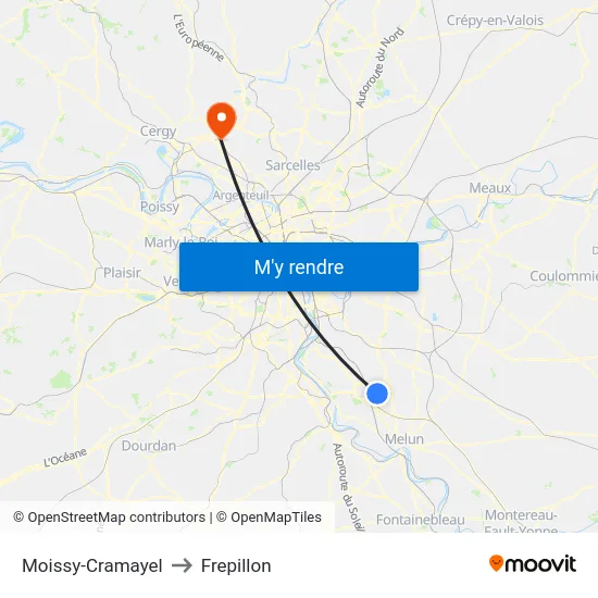 Moissy-Cramayel to Frepillon map