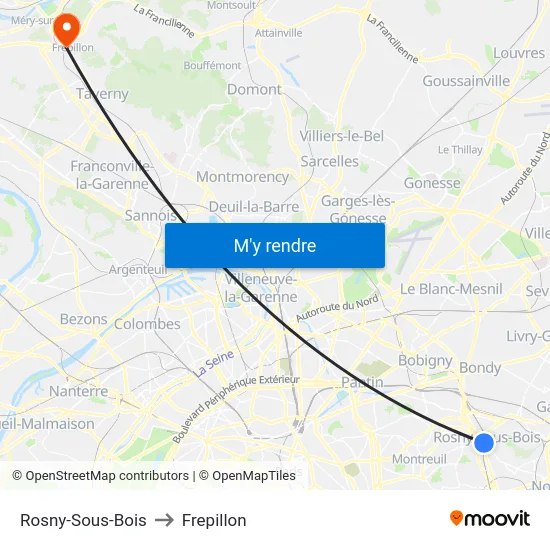 Rosny-Sous-Bois to Frepillon map