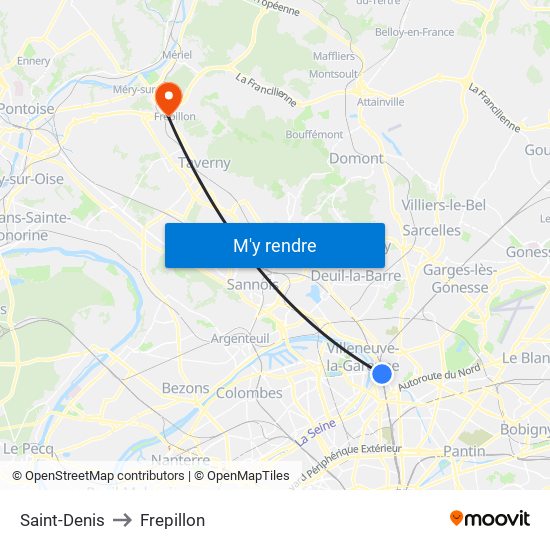 Saint-Denis to Frepillon map