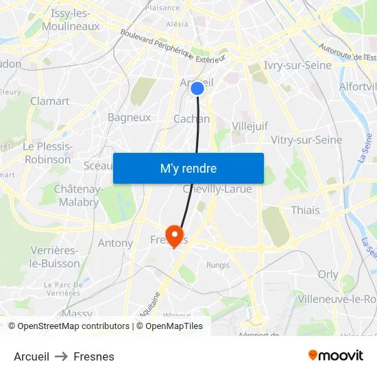 Arcueil to Fresnes map