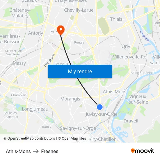 Athis-Mons to Fresnes map