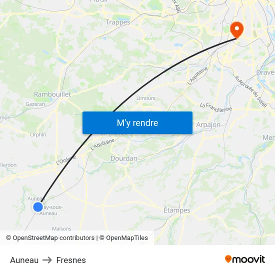 Auneau to Fresnes map