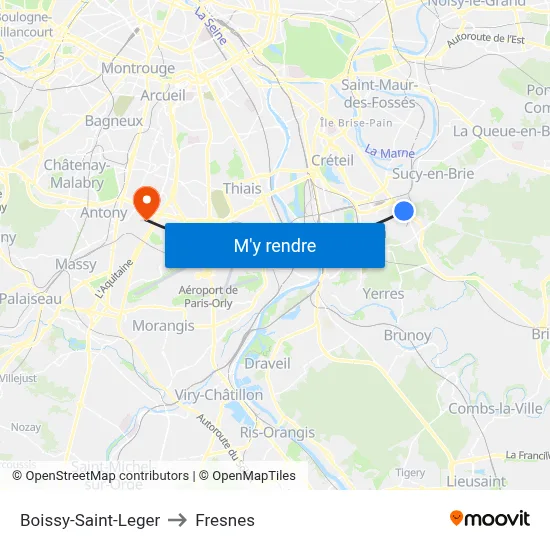 Boissy-Saint-Leger to Fresnes map