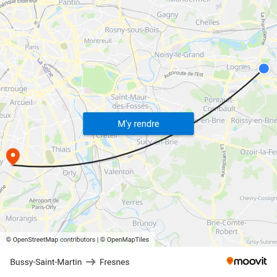 Bussy-Saint-Martin to Fresnes map
