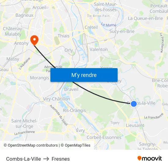 Combs-La-Ville to Fresnes map
