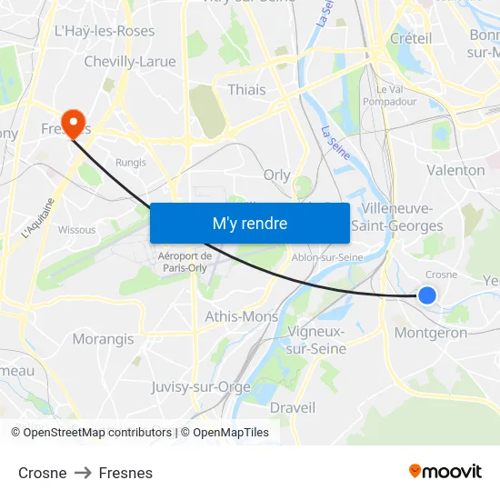 Crosne to Fresnes map