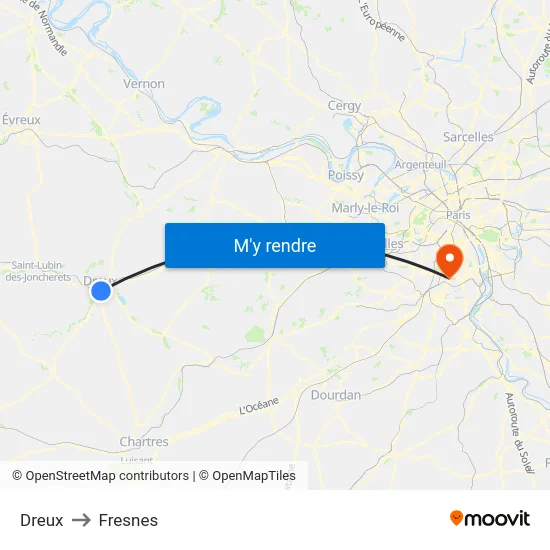 Dreux to Fresnes map