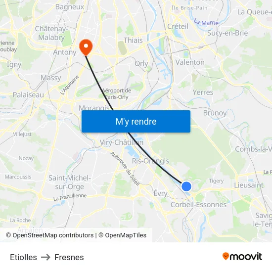 Etiolles to Fresnes map