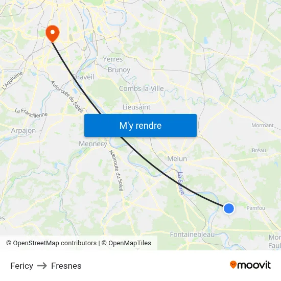 Fericy to Fresnes map