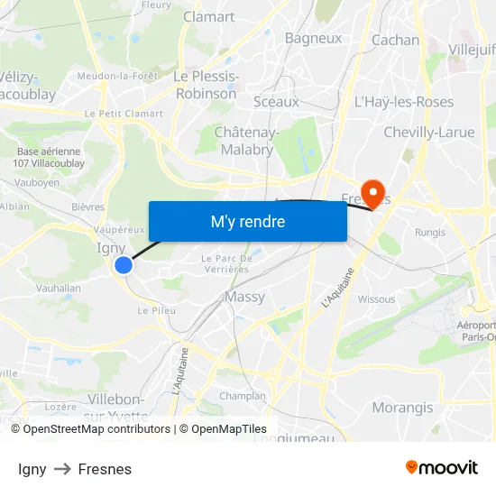 Igny to Fresnes map