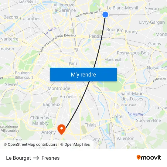 Le Bourget to Fresnes map