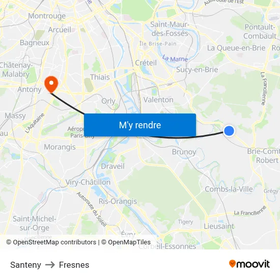 Santeny to Fresnes map