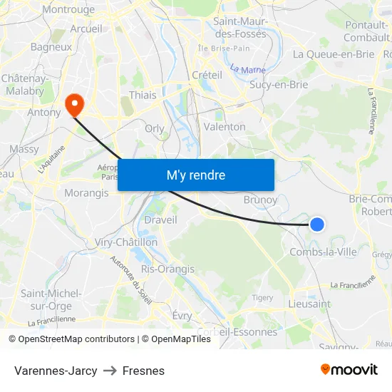 Varennes-Jarcy to Fresnes map