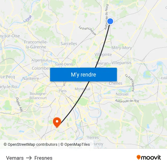 Vemars to Fresnes map