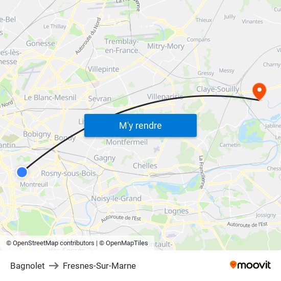 Bagnolet to Fresnes-Sur-Marne map