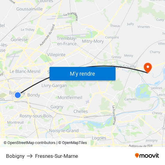 Bobigny to Fresnes-Sur-Marne map